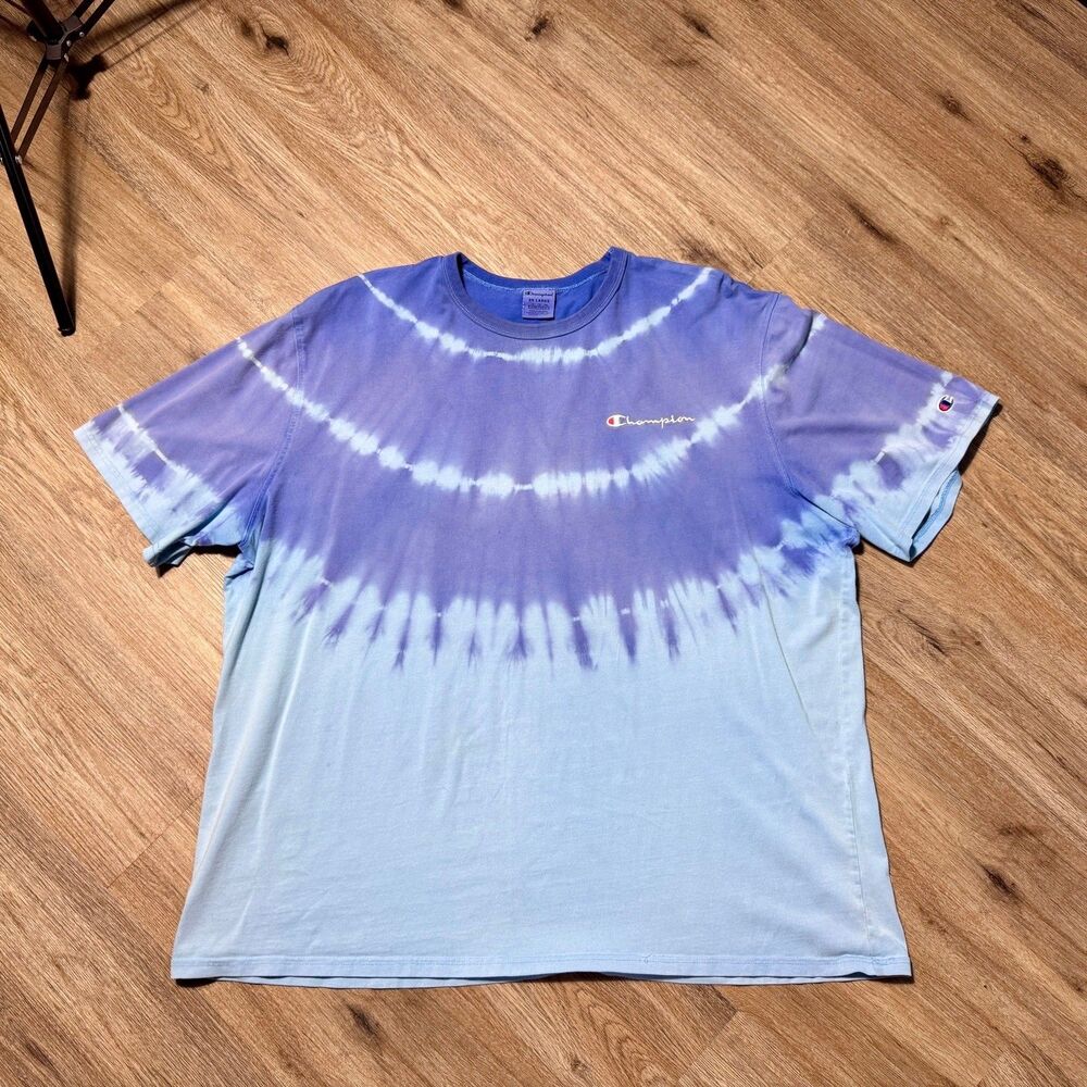 Champion Tie Dye T Shirt 3XL Purple Blue Embroidered Logo Script Graphic Tee